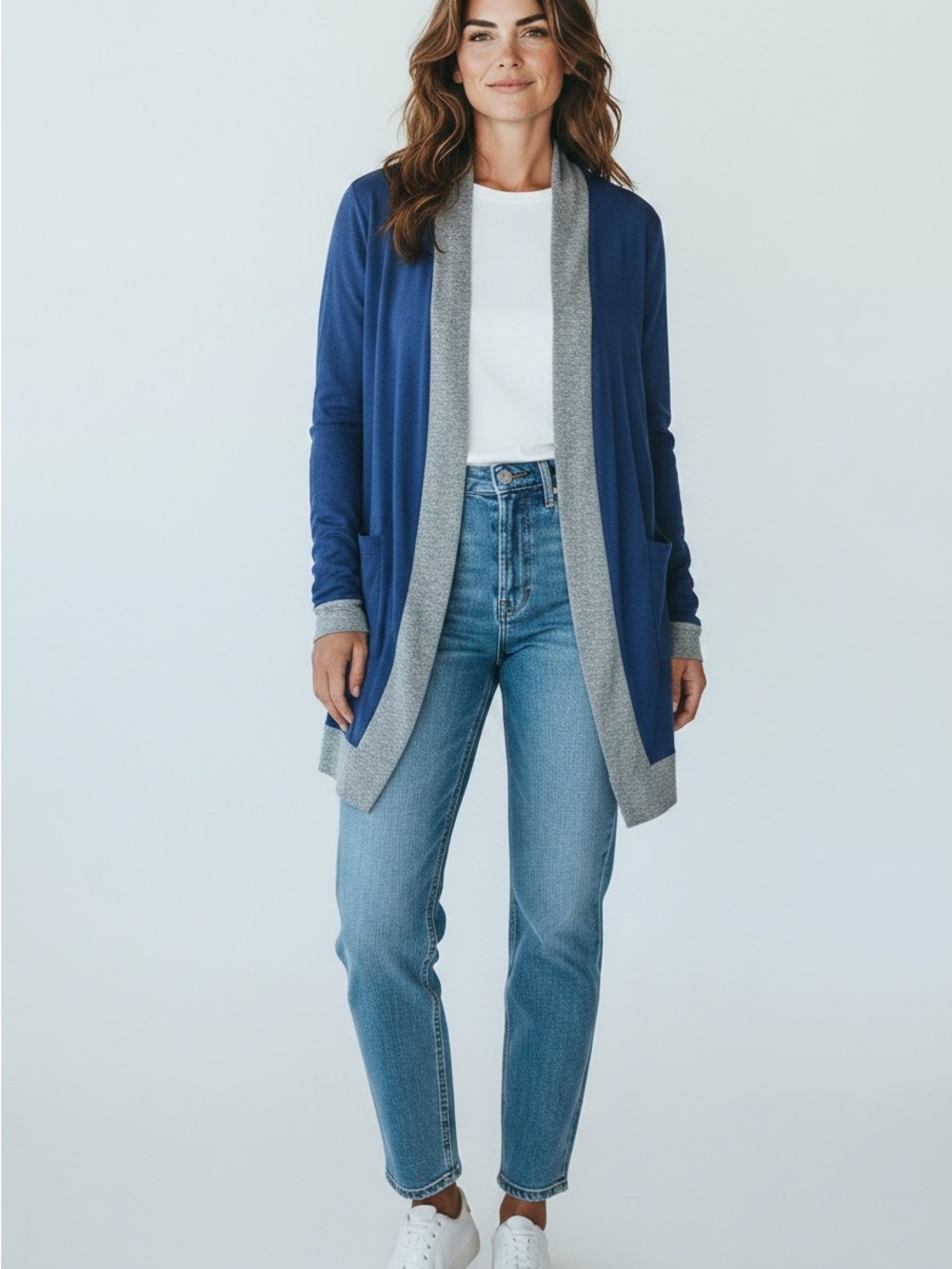 Open-Front Blue and Gray Trim Cahsmere/Silk Cardigan Sweater - Women